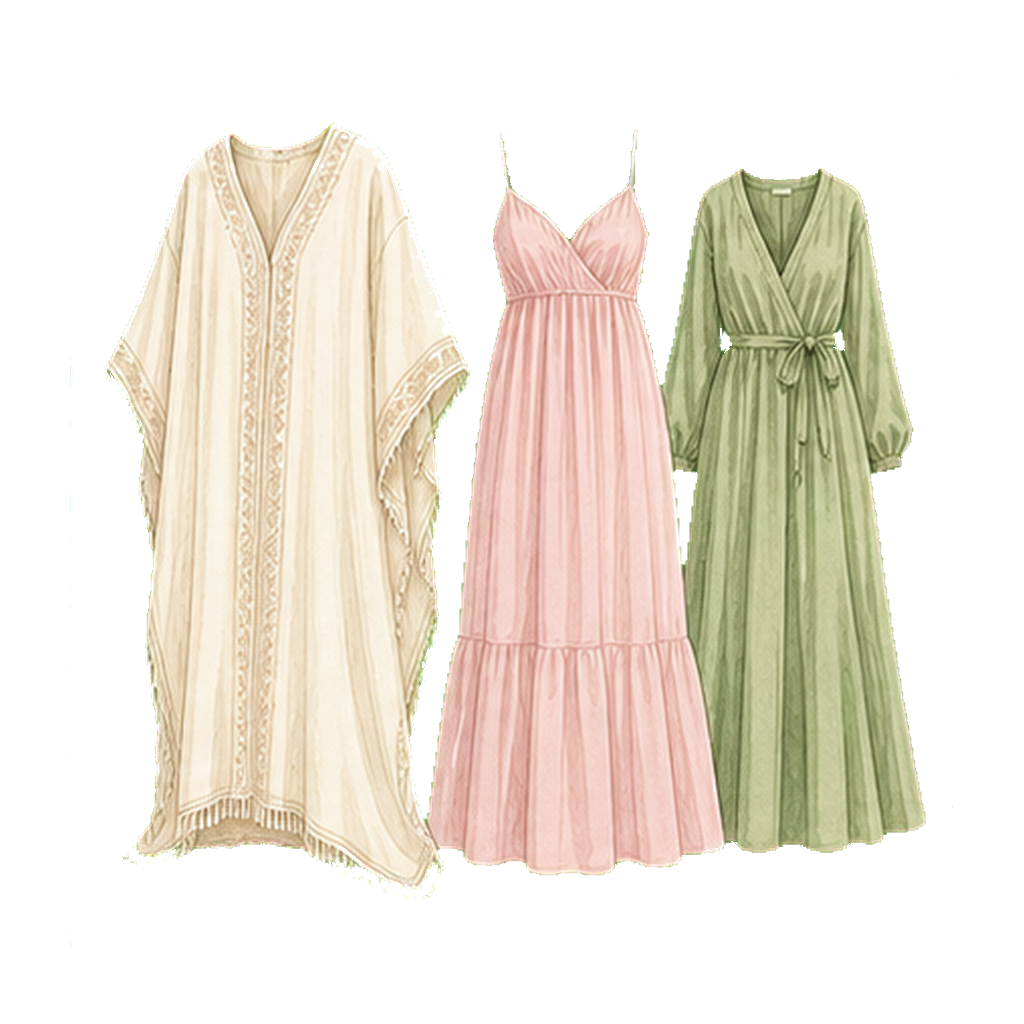 Kaftan + 2 maxi dresses (bright reflective colors)