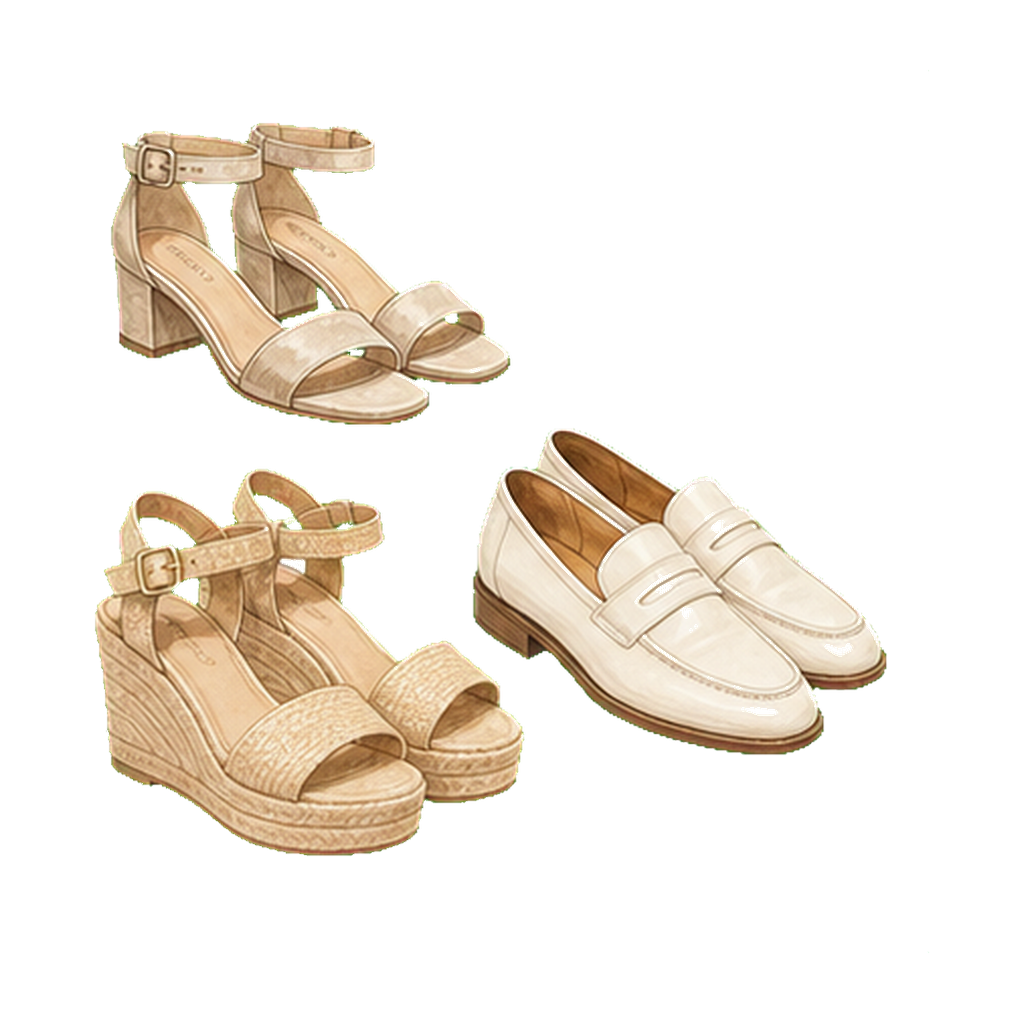 Block-heel sandals + wedges + closed-toe loafer