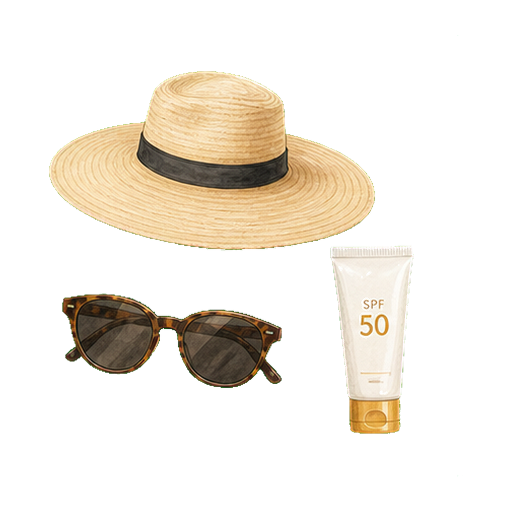 Wide-brim hat + UV400 sunglasses + SPF 50 mineral