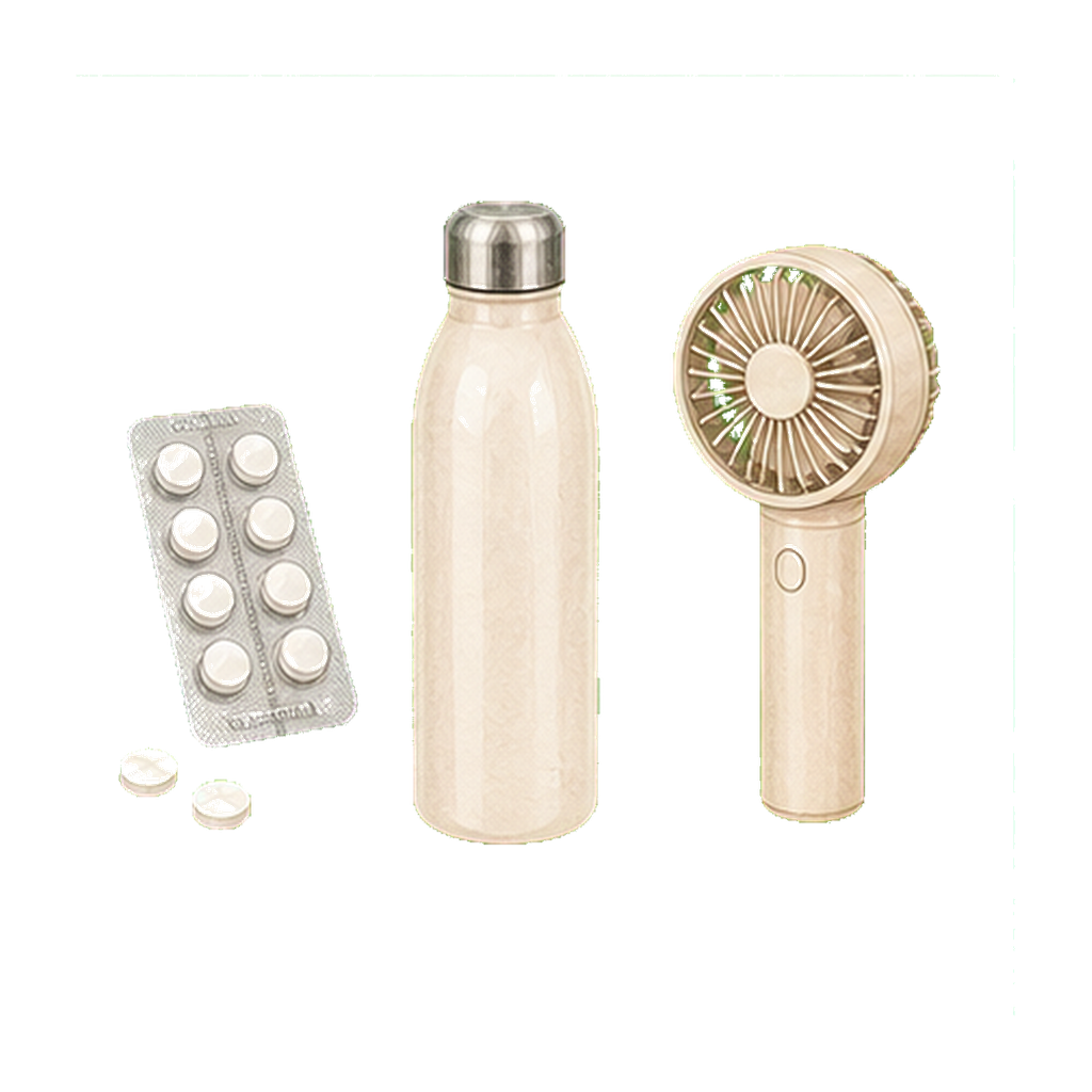 Electrolyte tabs + reusable insulated water bottle + portable mini fan