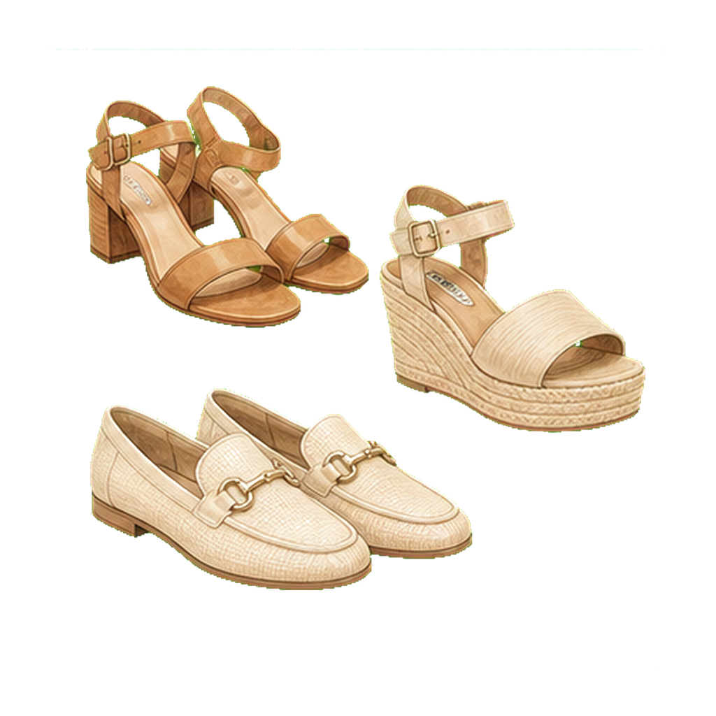 Block-heel sandals + wedges + closed-toe loafer
