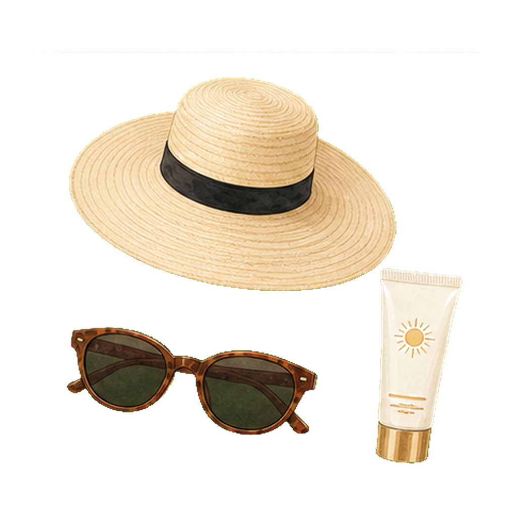 Wide-brim straw hat + UV400 sunglasses + SPF 50 mineral
