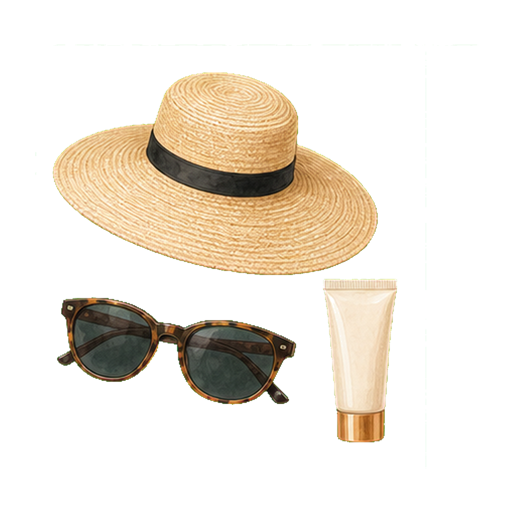 Wide-brim hat + UV400 sunglasses + SPF 50 mineral