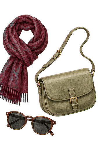 Oxblood Scarf Sage Crossbody And Sunglasses