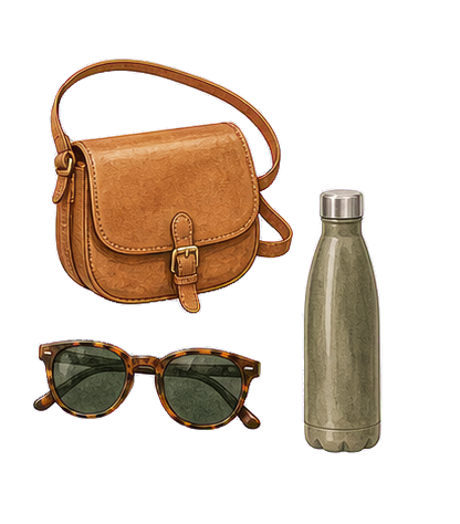 Tan Crossbody Sunglasses And Water Bottle