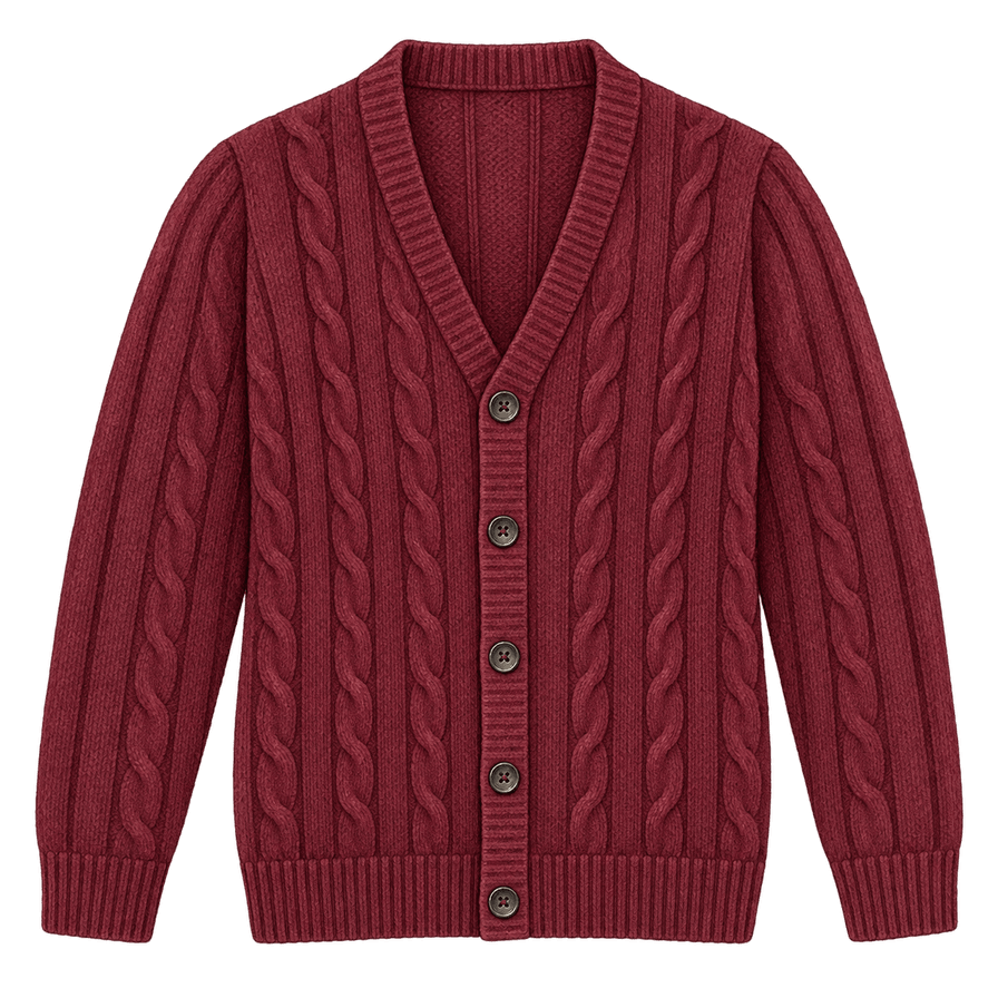 Deep burgundy chunky cable-knit cardigan
