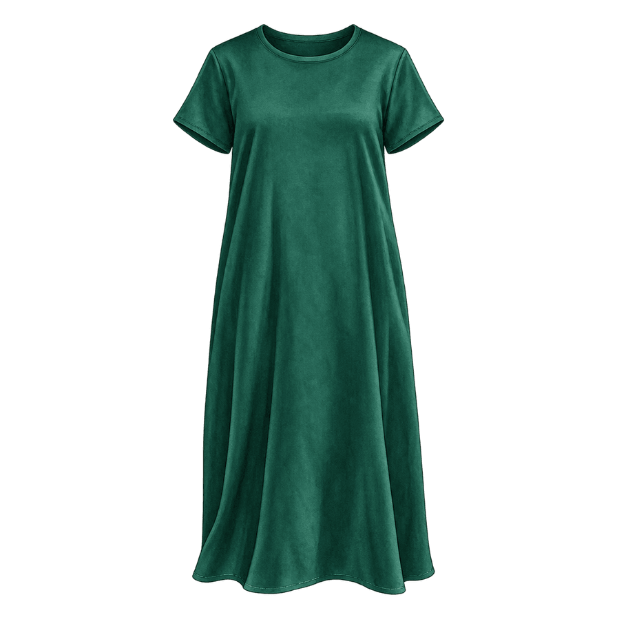 Emerald washed-silk midi dress, short sleeves