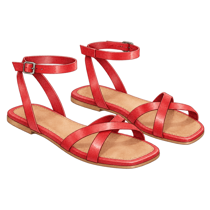 Red leather flat sandals, ankle strap