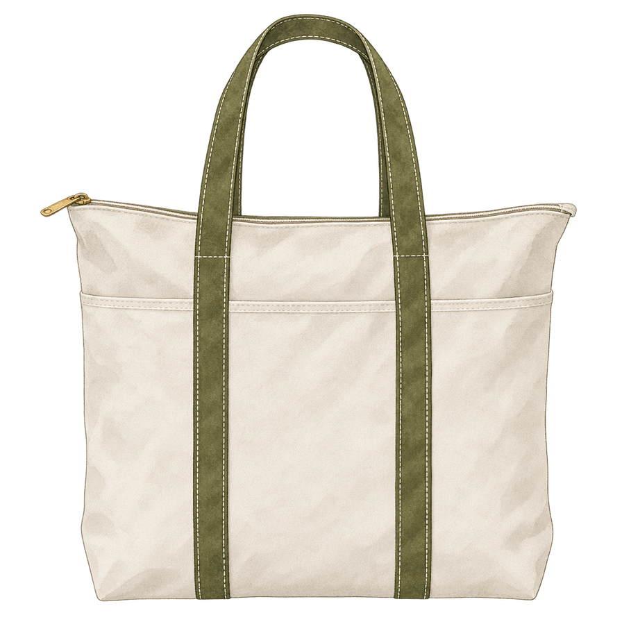 Stone canvas zip tote, olive webbing handles
