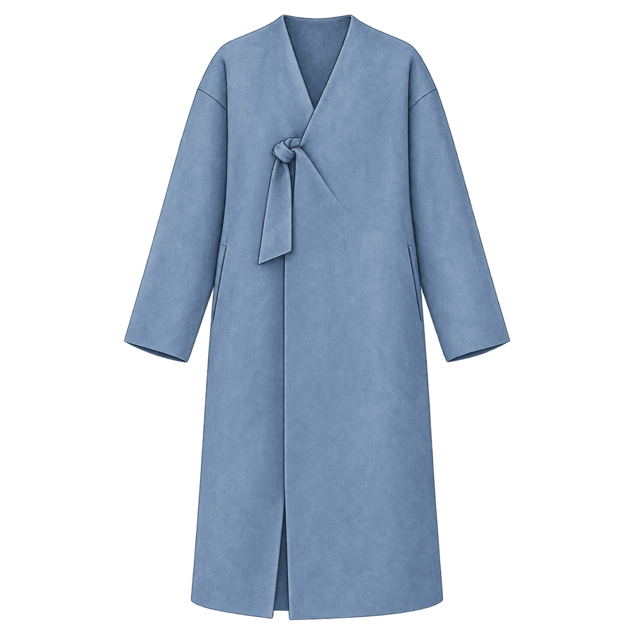 Grey-blue collarless wool coat, below the knee