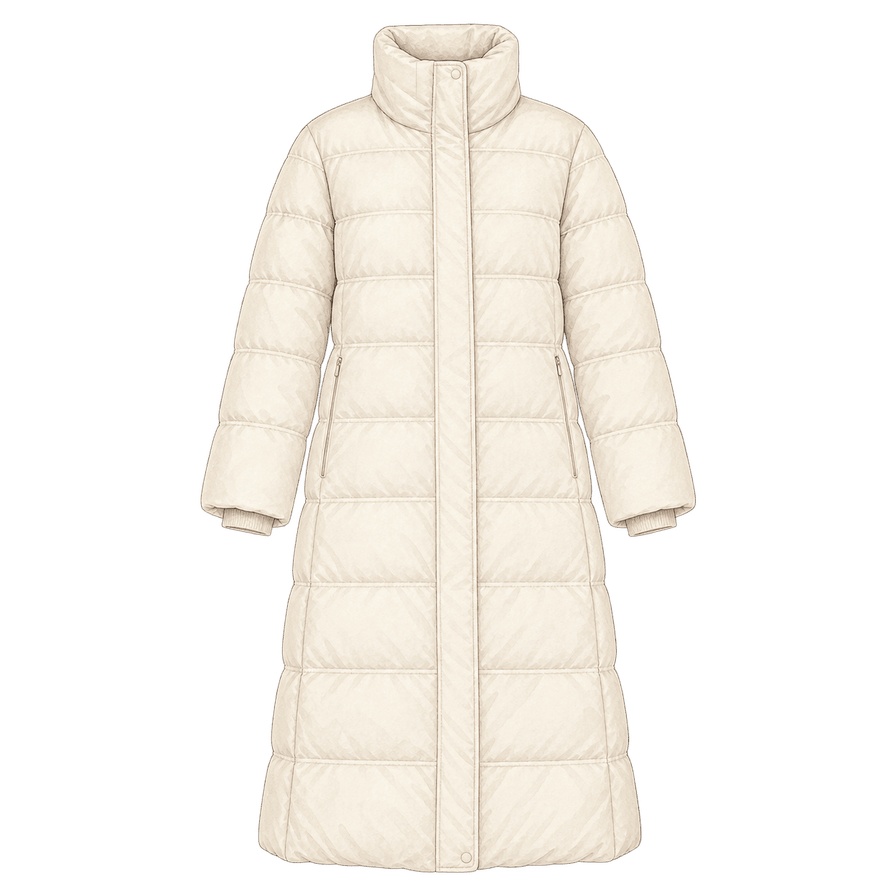 Ivory mid-calf down coat, stand collar