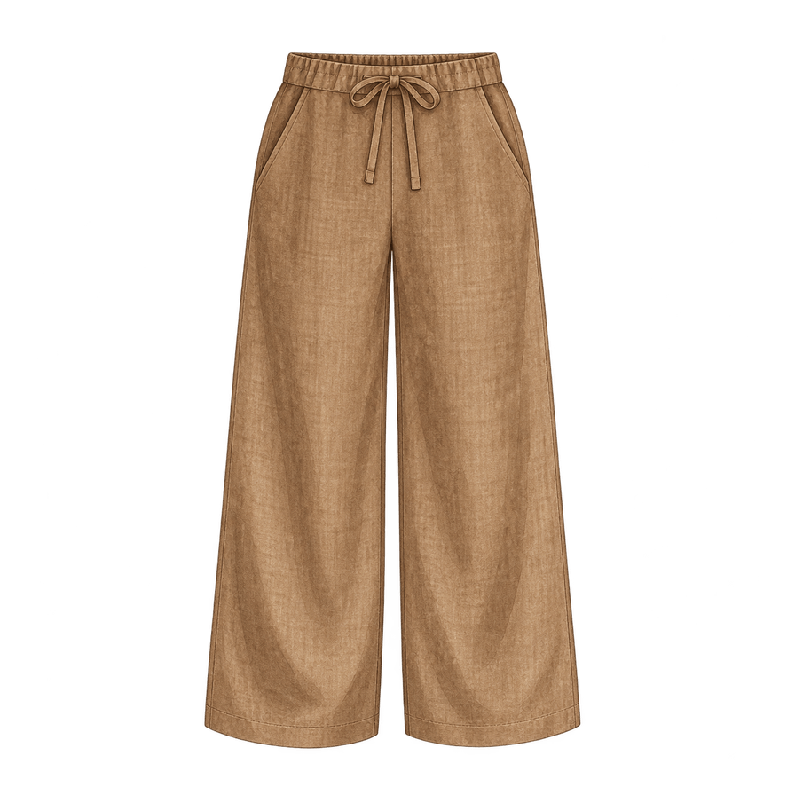 Tobacco linen-cotton wide-leg trousers, drawstring waist