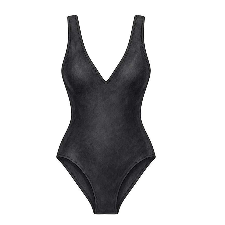 Washed-black V-neck one-piece, wide straps