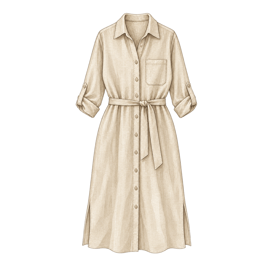 Pale khaki linen shirt-dress, long sleeves, mid-calf