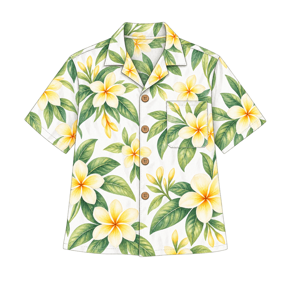 Plumeria-print aloha shirt, white ground