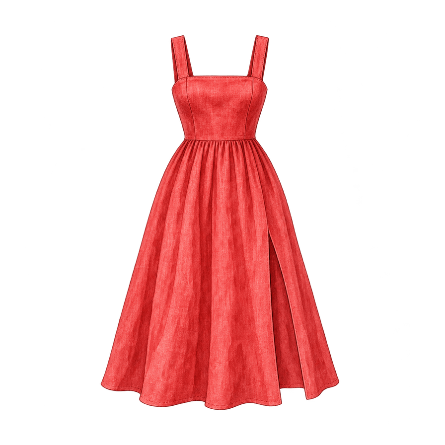 Hibiscus-red linen midi dress, square neck