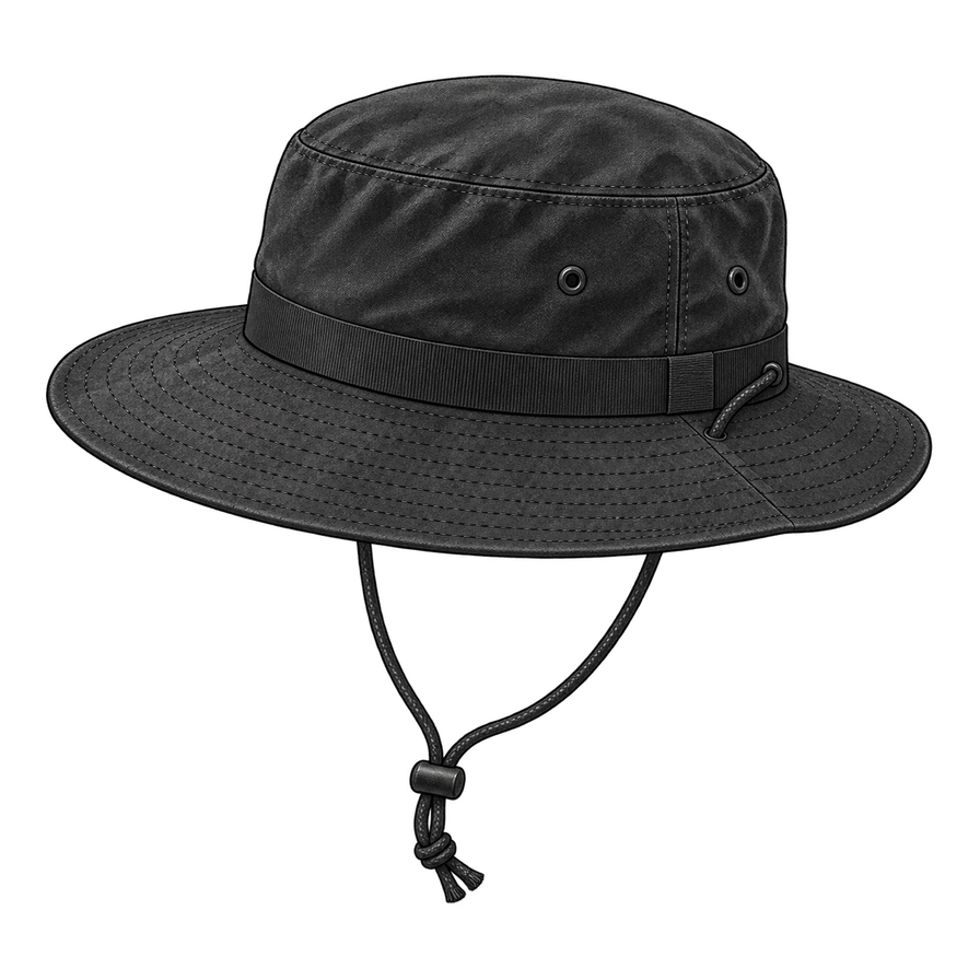 Black cotton-twill wide-brim sun hat, chin cord