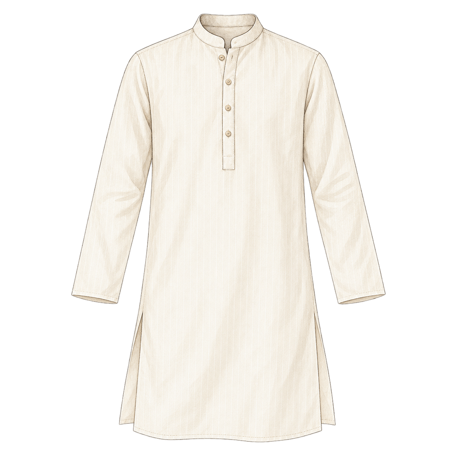 Men's ivory long cotton kurta, band collar