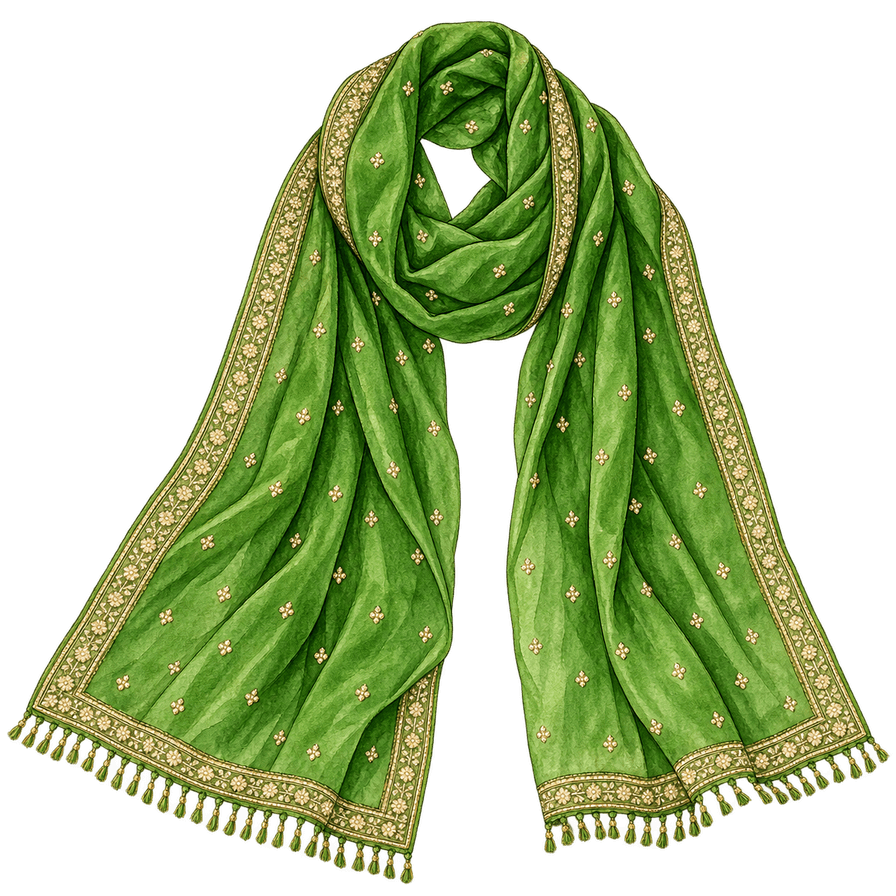 Parrot-green cotton-silk dupatta, gold border