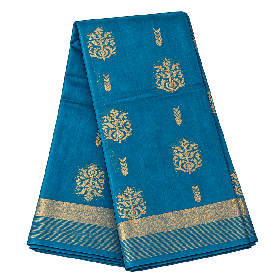 Peacock-blue silk-cotton saree, wide gold border