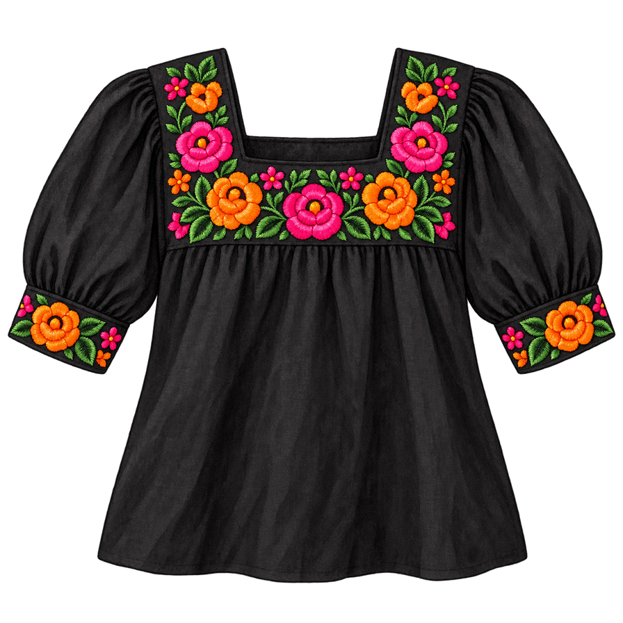 Black cotton blouse, marigold and rosa floral embroidery