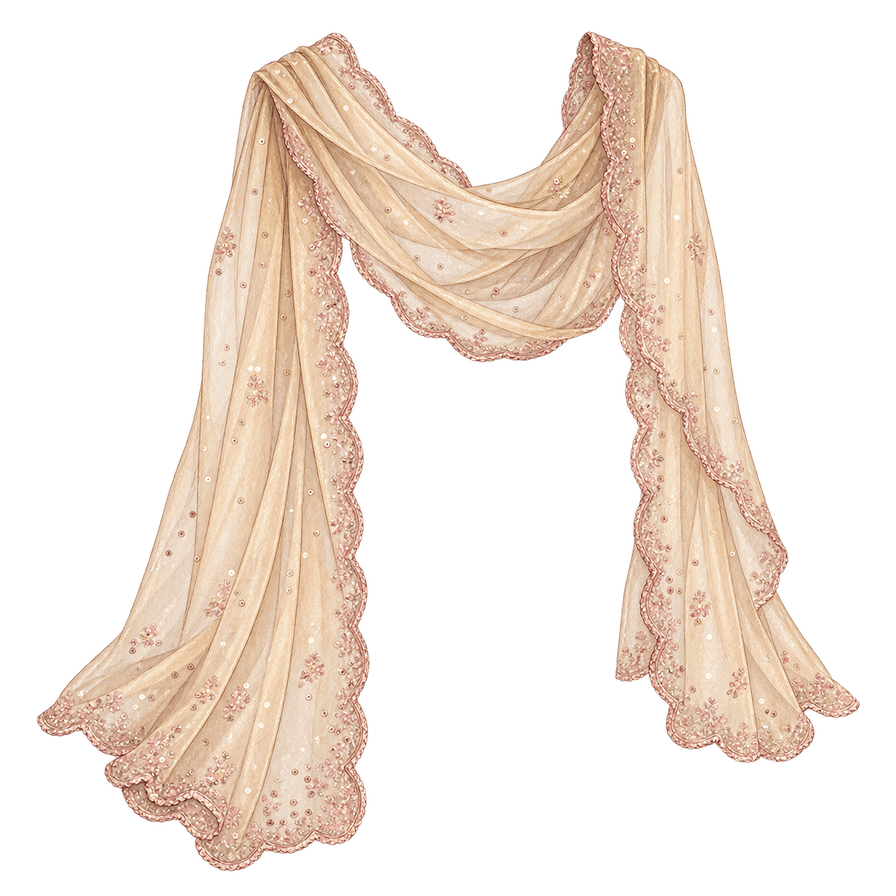 Champagne-gold organza dupatta, rose scalloped border