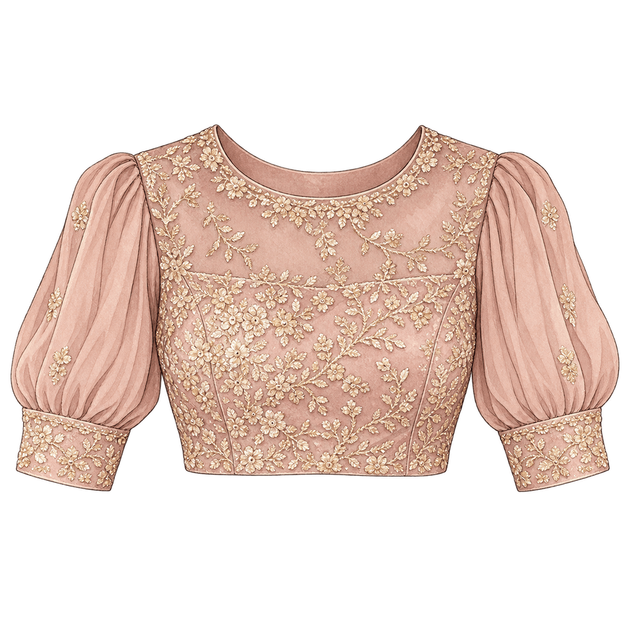 Dusty-rose embroidered choli, elbow sleeves