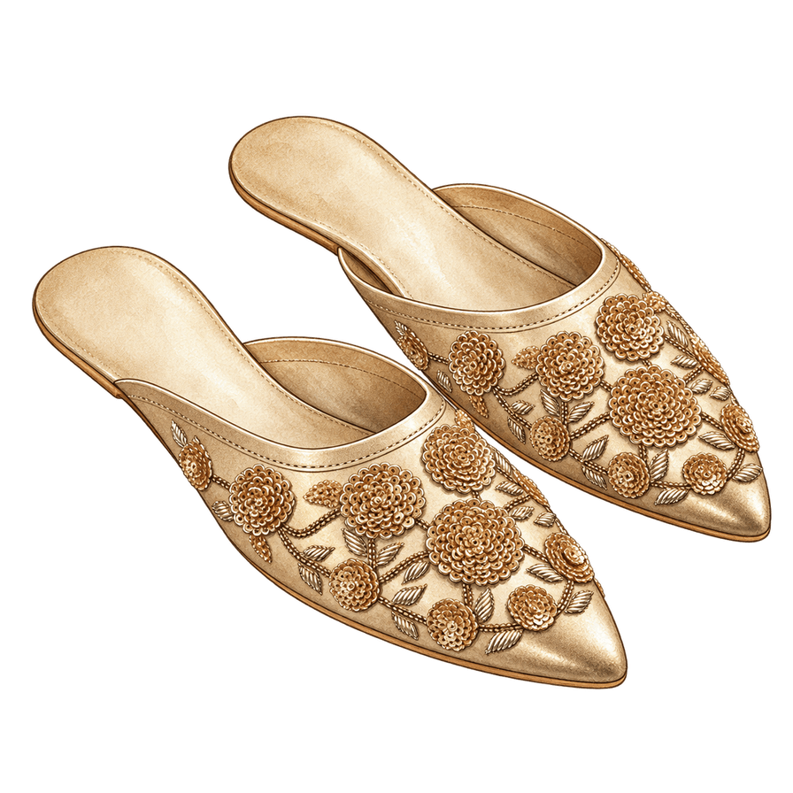 Gold embroidered flat mules, closed pointed toe