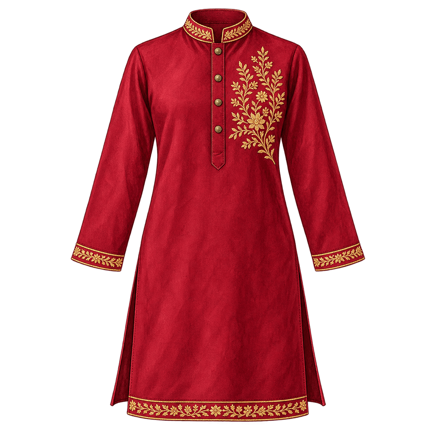 Ruby silk-cotton straight kurta, gold zari at neck and hem