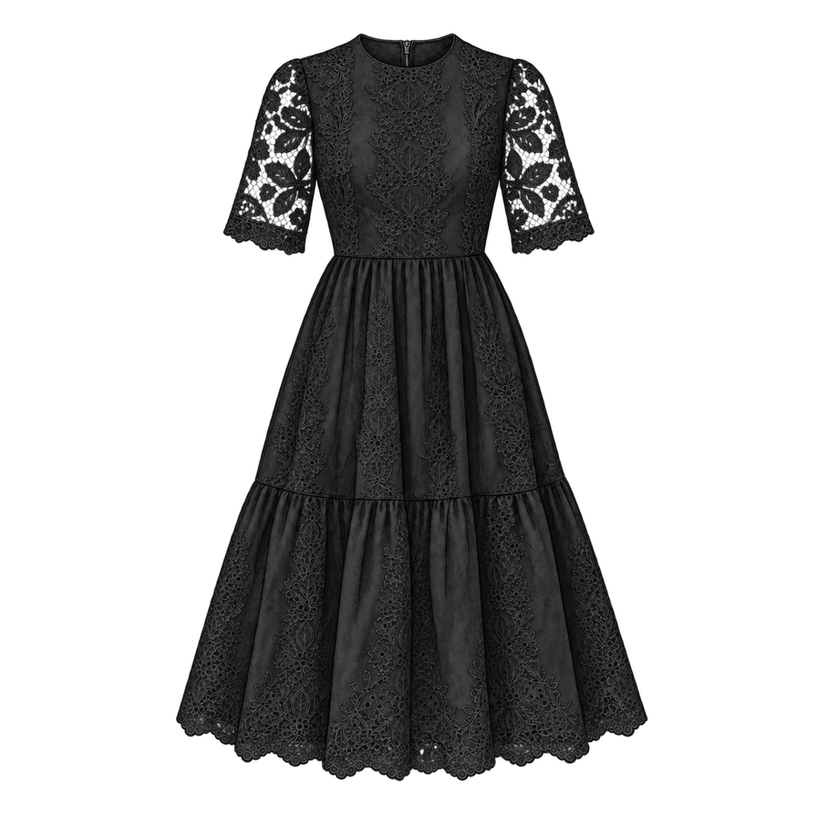 Black cotton-guipure lace midi dress, elbow sleeves