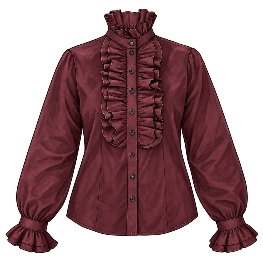 Oxblood cotton-voile blouse, ruffled stand collar