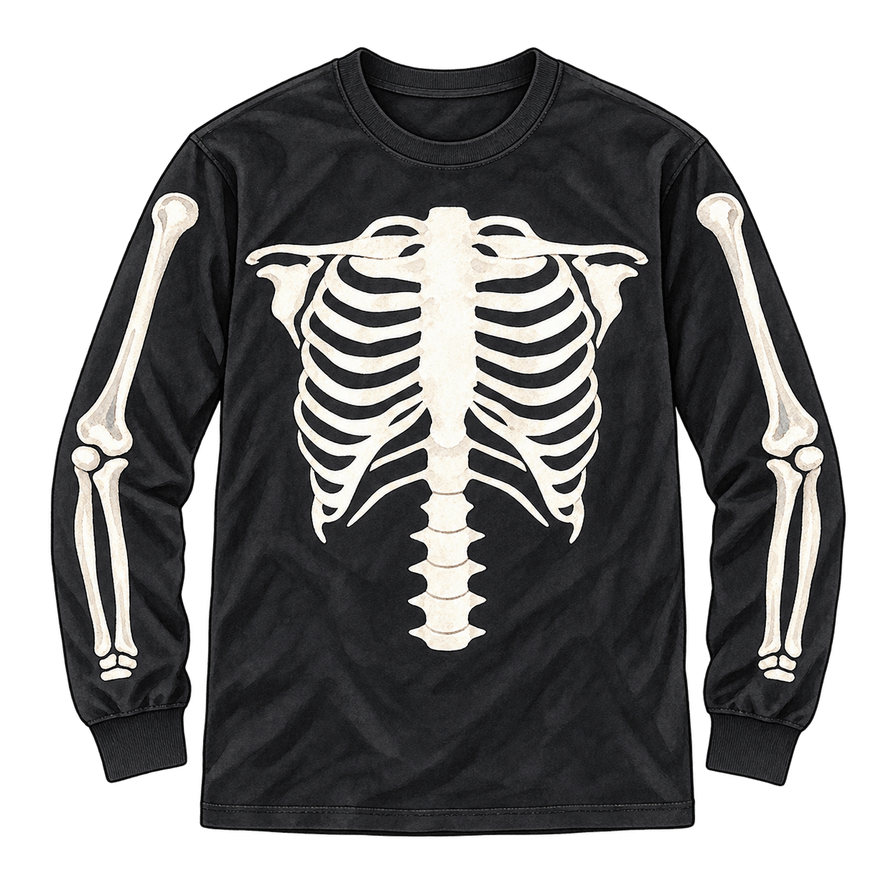 Black long-sleeve tee with a bone-white skeleton print