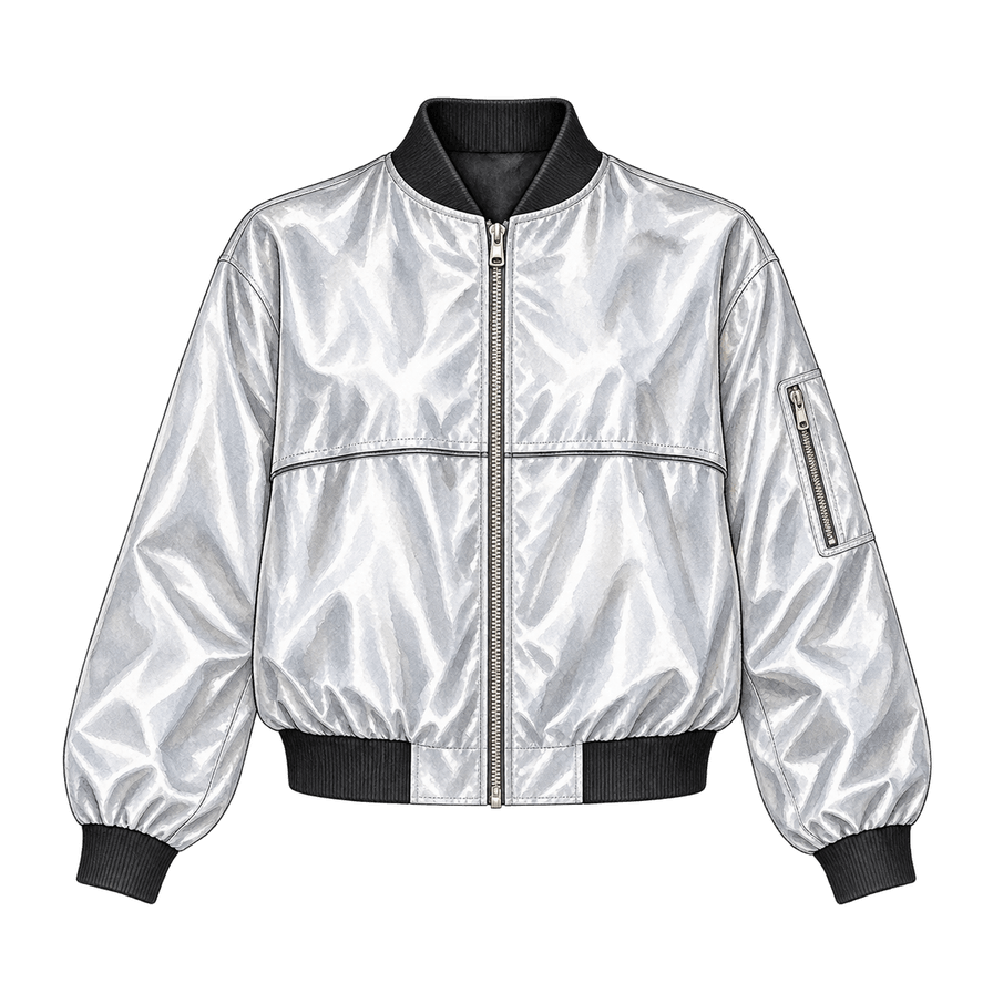 Liquid-silver metallic nylon bomber, black rib trim