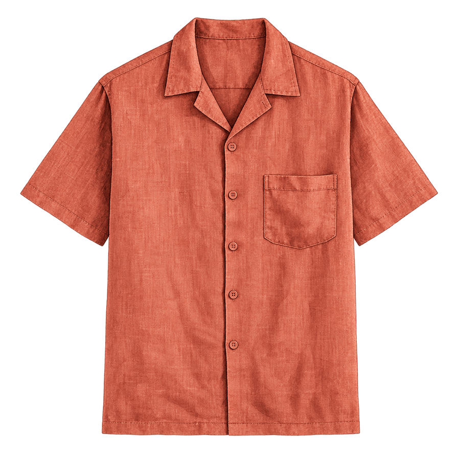 Men's terracotta linen camp-collar shirt, short sleeves