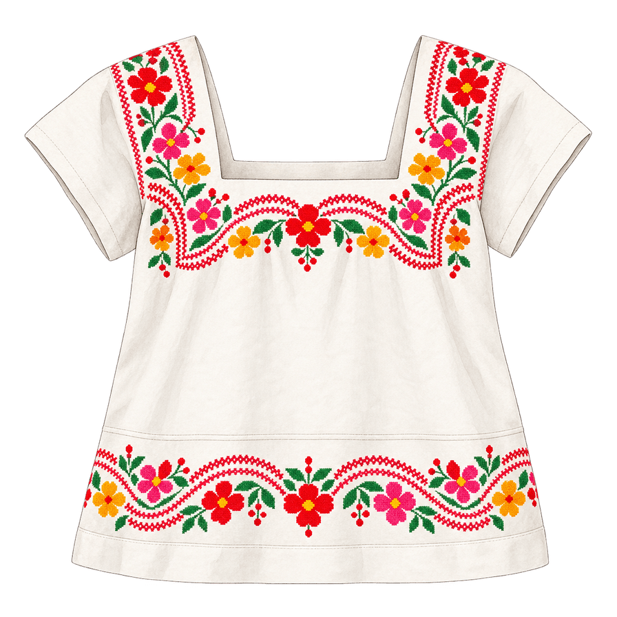 White cotton hipil-style blouse, cross-stitch flowers at neck and hem