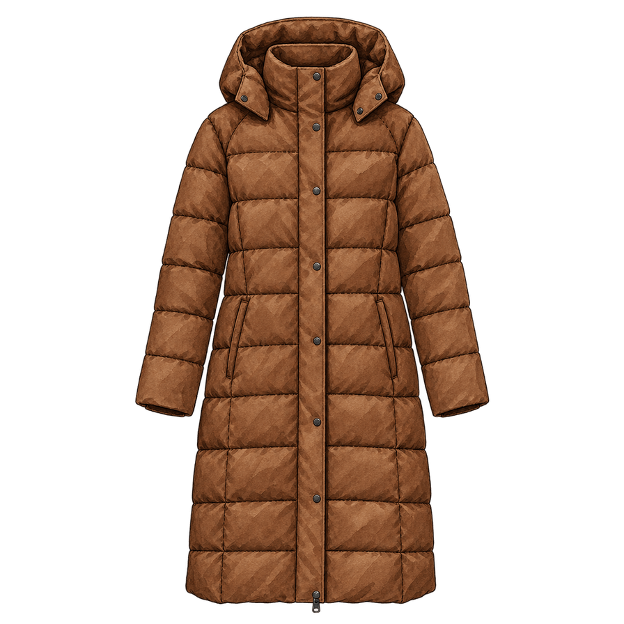 Tobacco-brown long down coat, below the knee