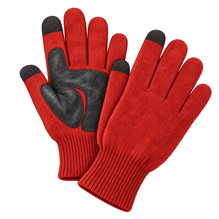 Tomato-red knit gloves, leather palms