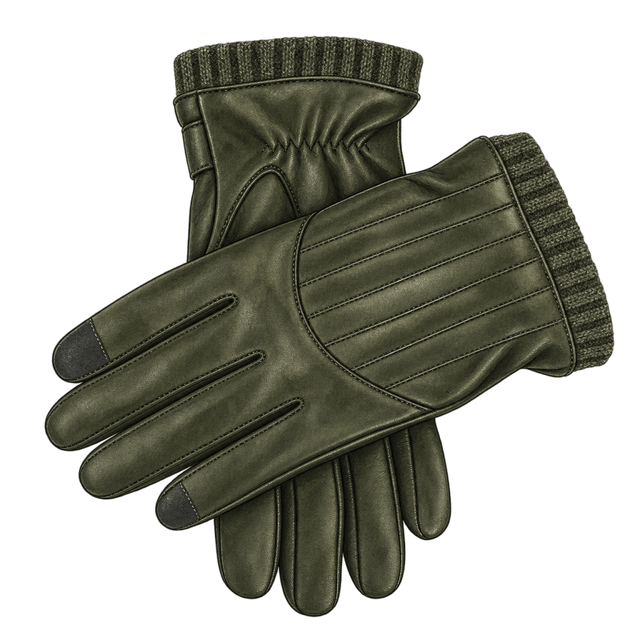 Dark olive insulated leather gloves, touchscreen tips