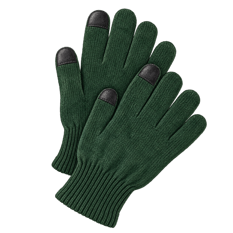 Forest-green knit gloves, leather fingertips