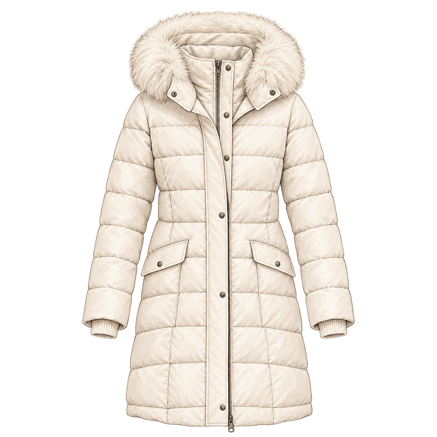Winter-white knee-length down parka, hood with removable ruff