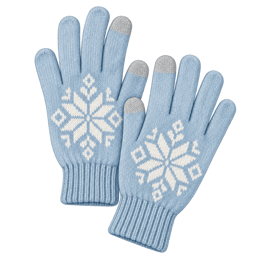 Pale ice-blue Selbu-star knit gloves, touchscreen tips