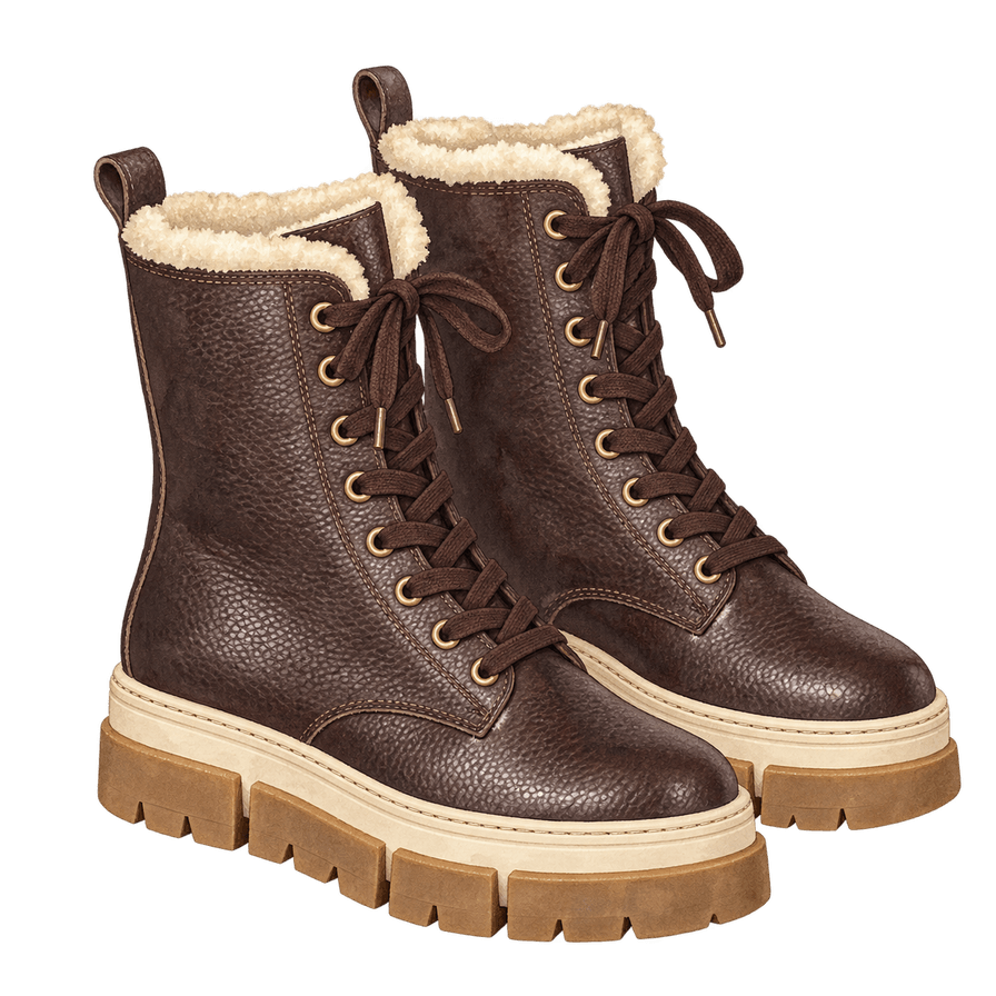Chocolate waterproof lace-up winter boots, shearling-lined