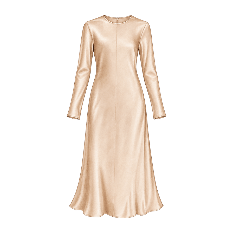 Champagne satin long-sleeve midi dress
