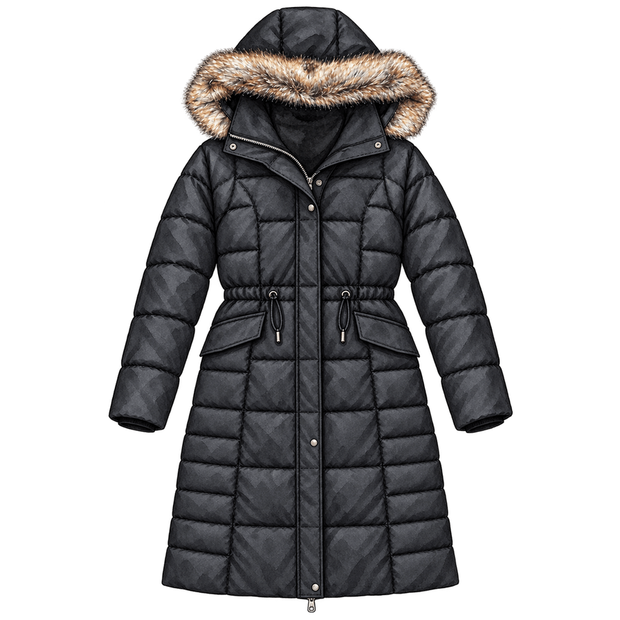 Black knee-length down parka, faux-fur hood trim