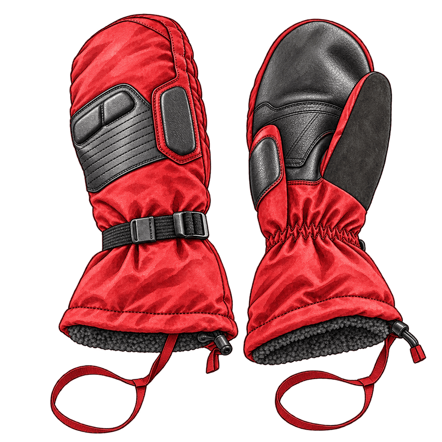 Red insulated mitts with gauntlet cuffs