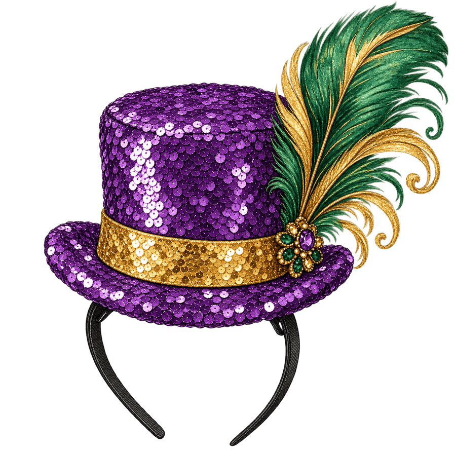 Purple sequin mini top hat with green and gold plume