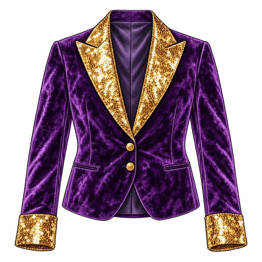Purple crushed-velvet cropped jacket, gold sequin lapels