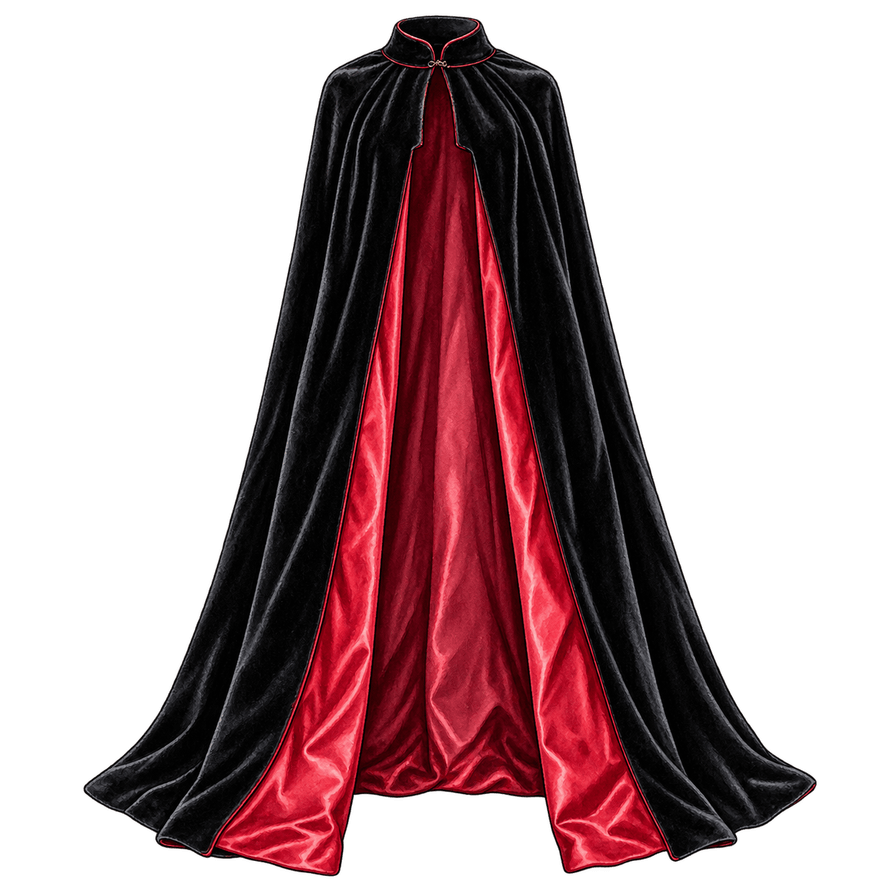 Floor-length black velvet evening cape, garnet lining