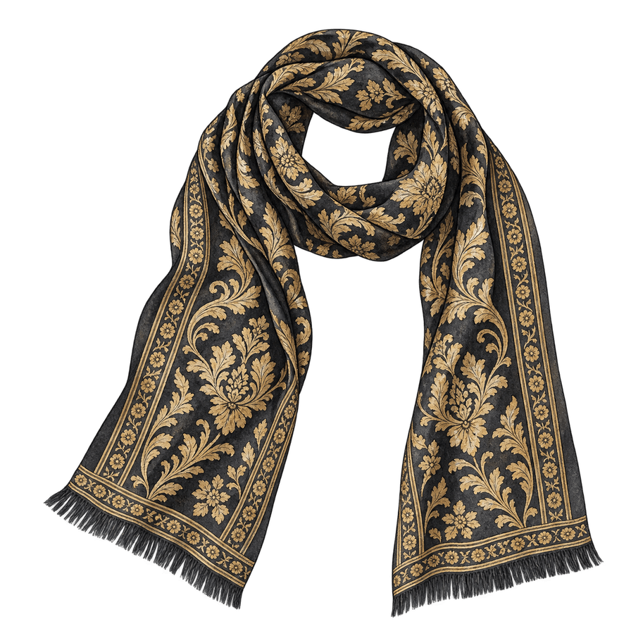 Black silk brocade scarf with antique-gold damask