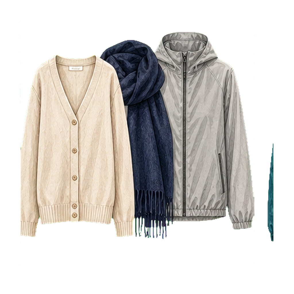 Light cardigan + pashmina + thin packable jacket